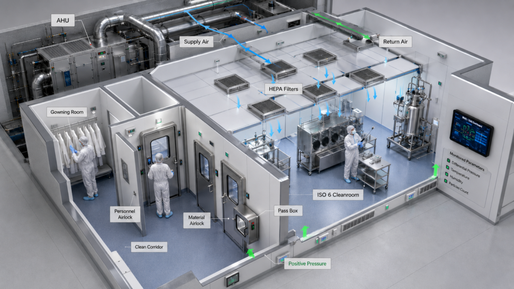 Render 3D de cleanroom KROXTEK para coordinación de arquitectura, HVAC y servicios